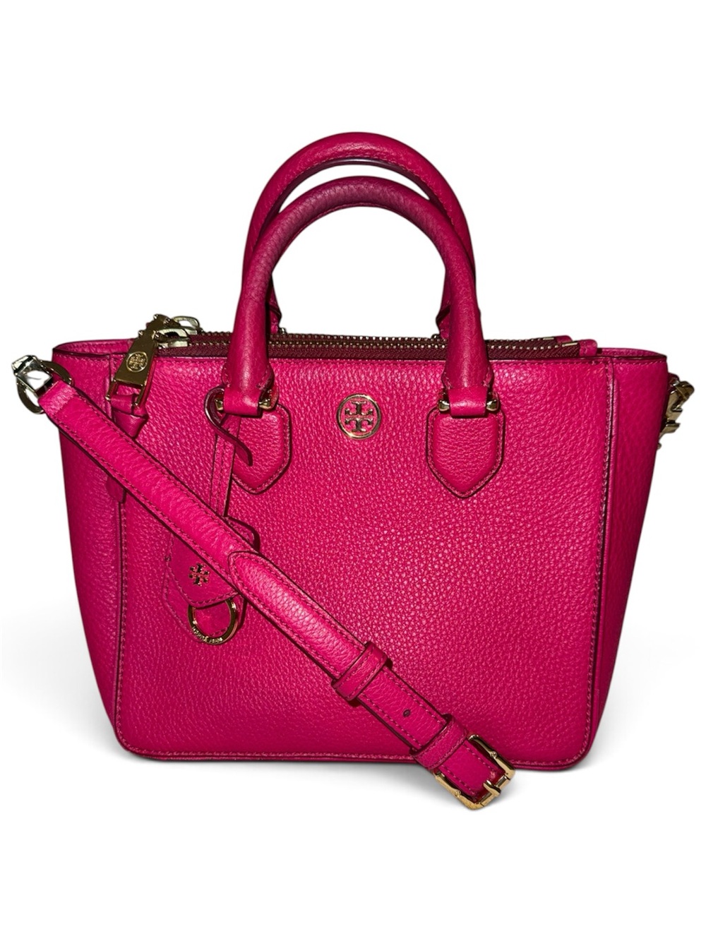 Tory Burch Robinson Pebbled Leather Mini Square Tote/Crossbody Bag in Hot Pink